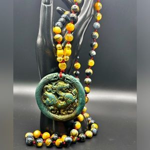 ANTIQUE JADE BAI HU (白虎)  + GREY TIGER NATURAL STONE NECKLACE one size